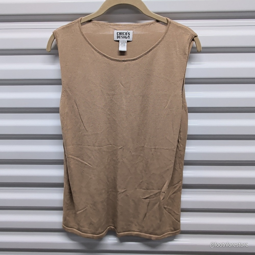 Chico's Design Size 2 Women Tan Cotton Rayon Knit Sleeveless Sweater Tank Top